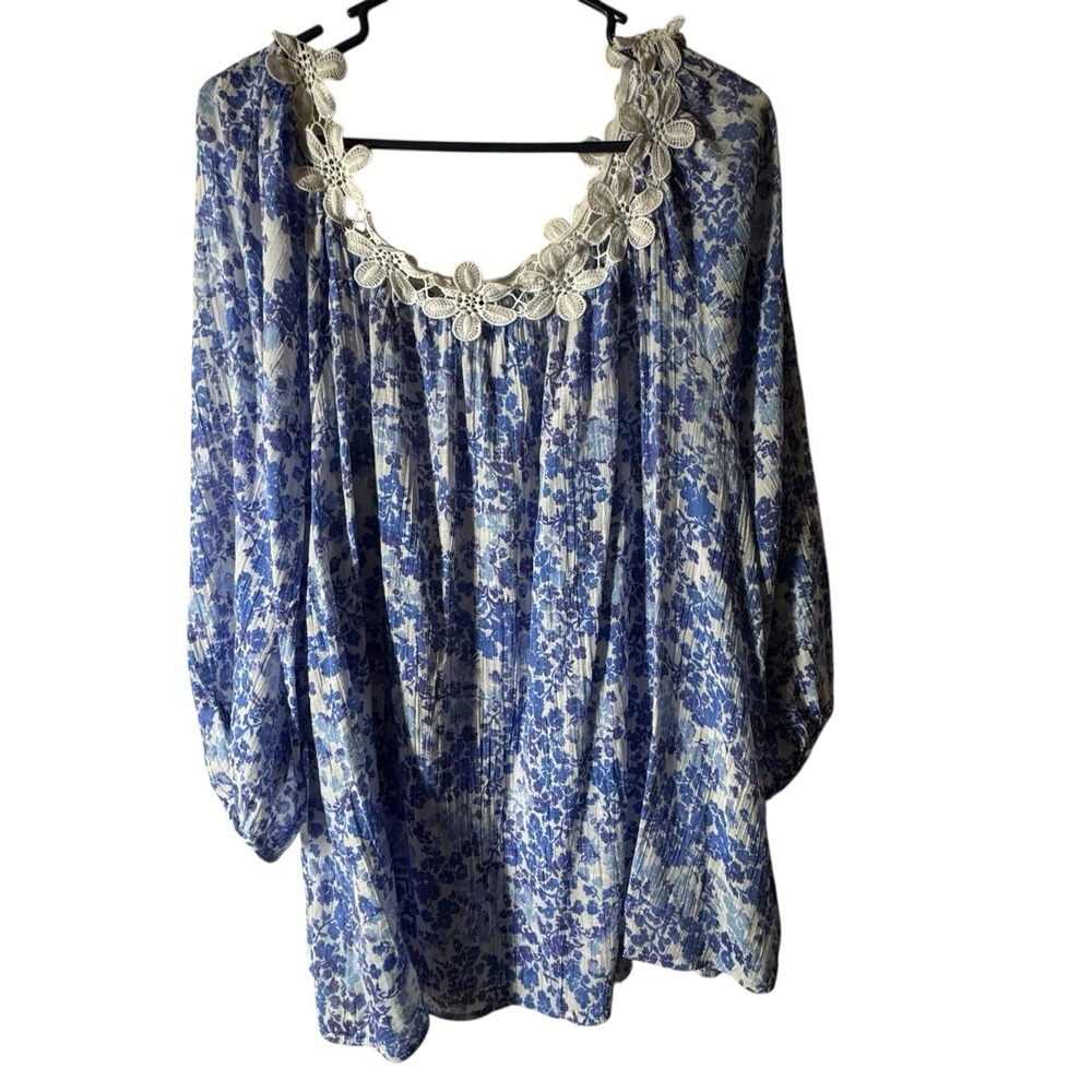 Unique Spectrum Women's Blue White Floral 3/4 Sleeve Tunic Blouse Top Plus Sz 3X